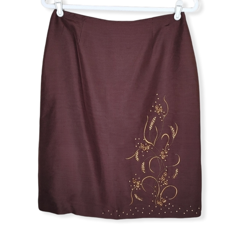 Brown Silk Embroidered Skirt W/ Wood beading Size 10